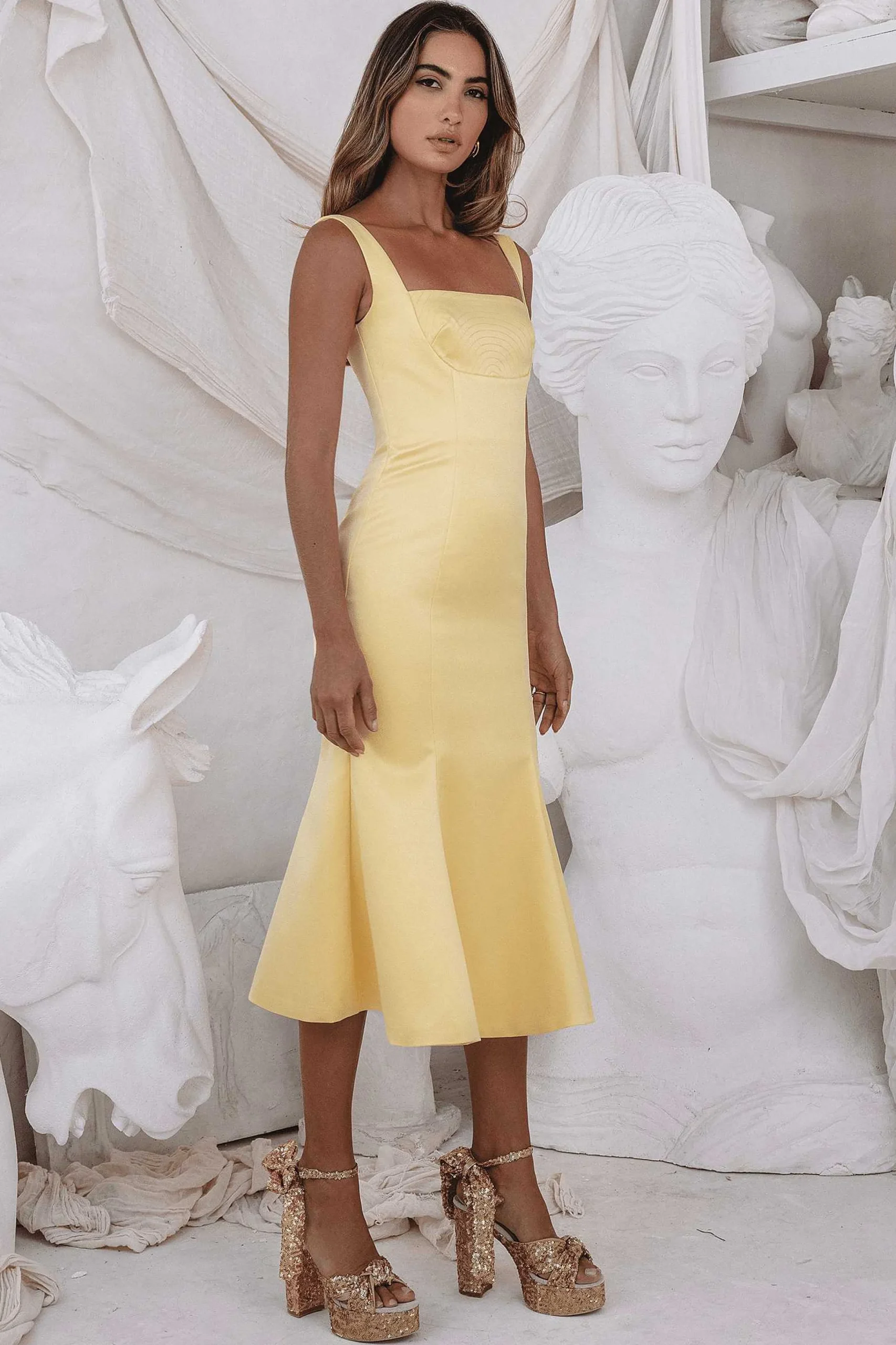 Lavish Alice Dresses<Lainey Stitch Detail Midi Slip Dress In Yellow