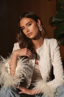 Lavish Alice Blazers<Laria Sequin Boucle Cropped Jacket With Feather Cuffs In Beige