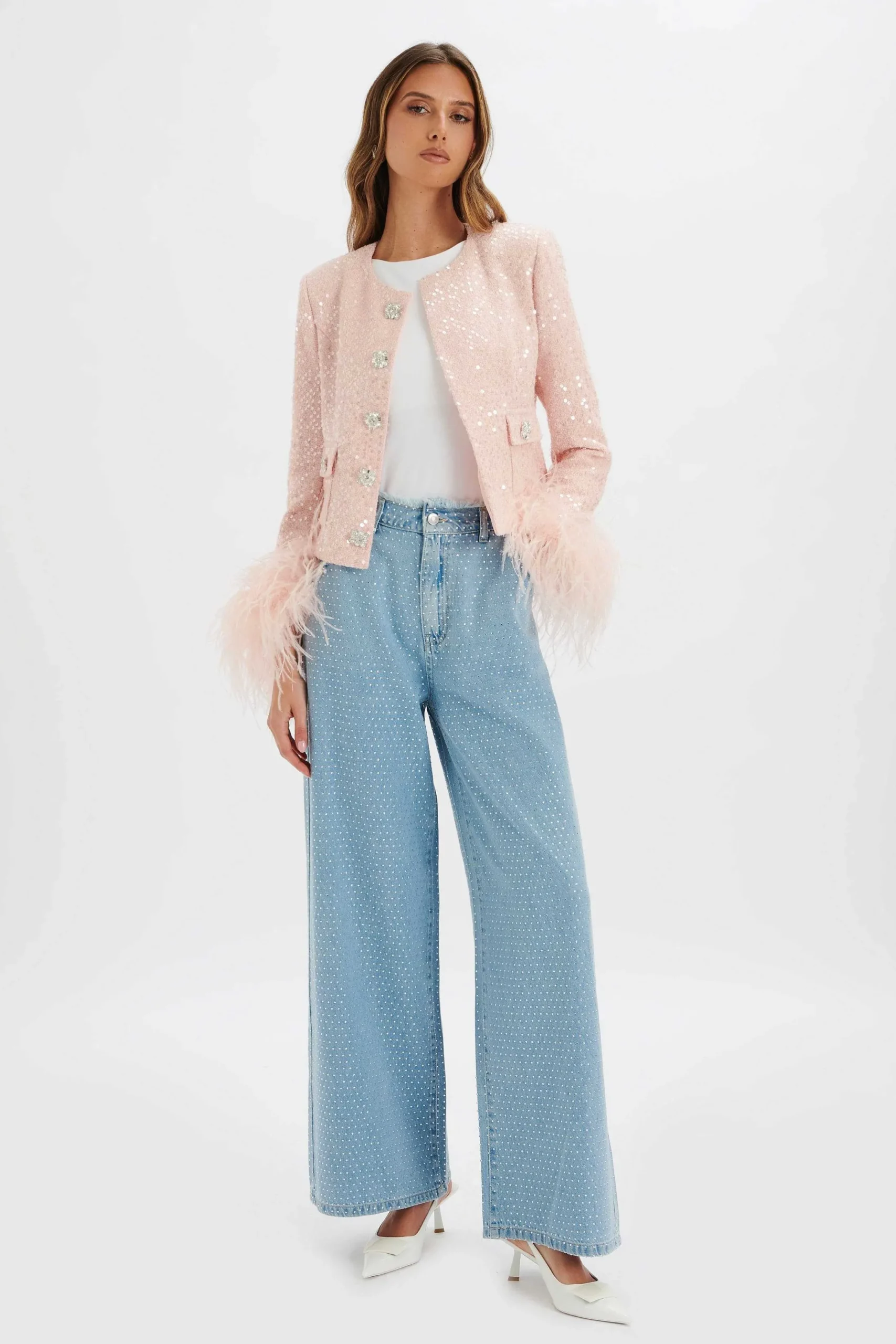 Lavish Alice Blazers<Laria Sequin Boucle Jacket With Feather Cuffs In Pink
