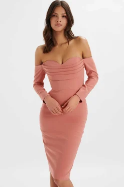 Lavish Alice Wedding Guest<Lila Bardot Draped Bust Bodycon Midi Dress In Rose Pink