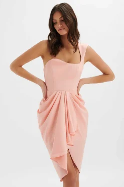 Lavish Alice Dresses<Luciana Curved One Shoulder Midi Dress In Coral Satin