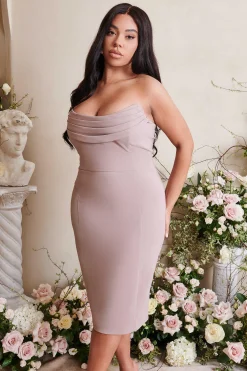 Lavish Alice Dresses<Maria Curve Cowl Front Bandeau Midi Pencil Dress In Stone