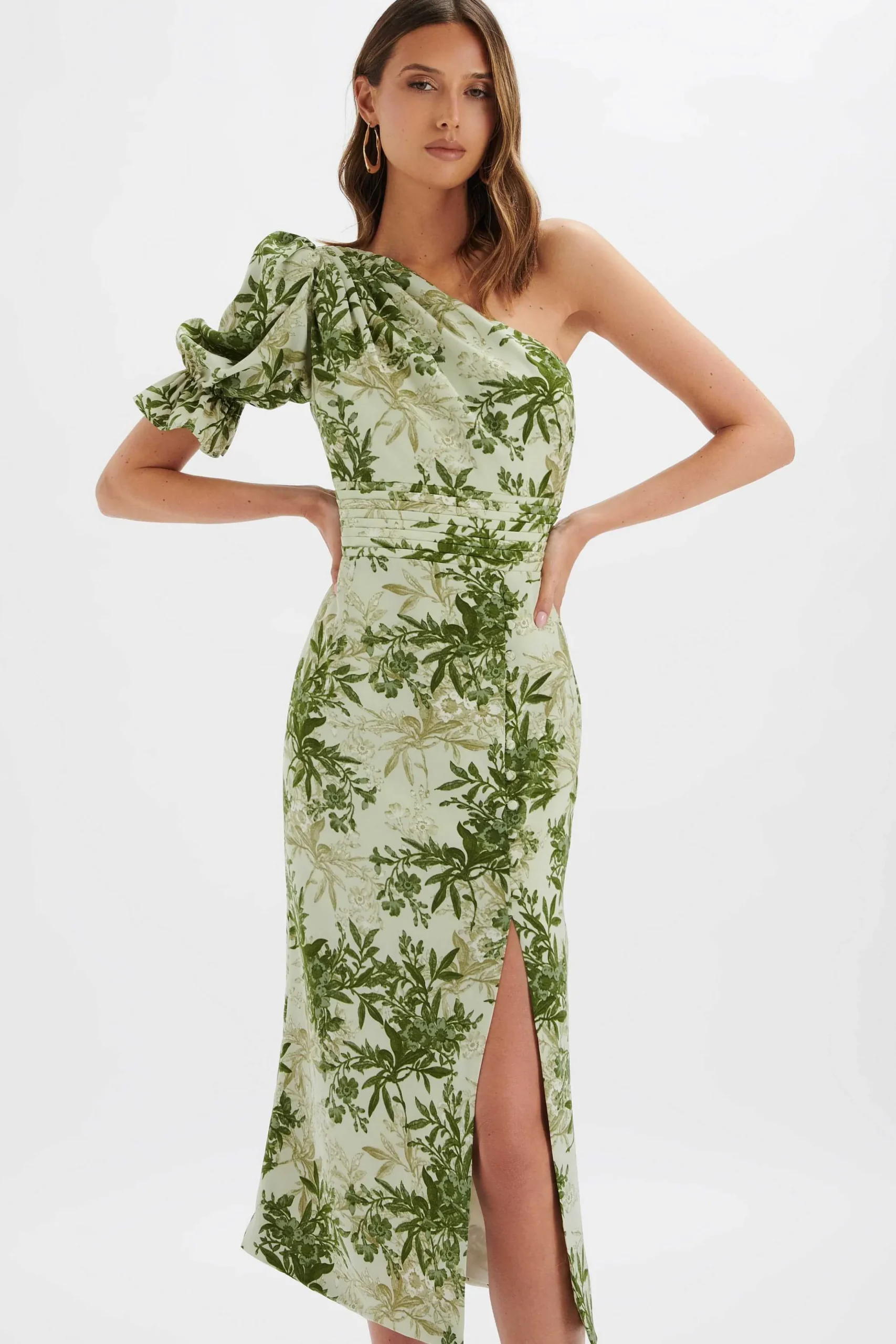 Lavish Alice Dresses<Nakia Asymmetric Puff Sleeve Midi Dress In Botanical Print