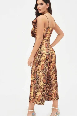Lavish Alice Jumpsuits & Playsuits<Nora Satin Frill Wrap Culotte Jumpsuit In Golden Yellow Snake Print