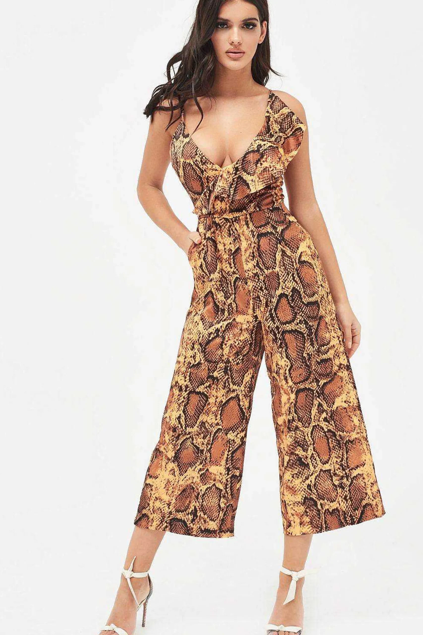 Lavish Alice Jumpsuits & Playsuits<Nora Satin Frill Wrap Culotte Jumpsuit In Golden Yellow Snake Print