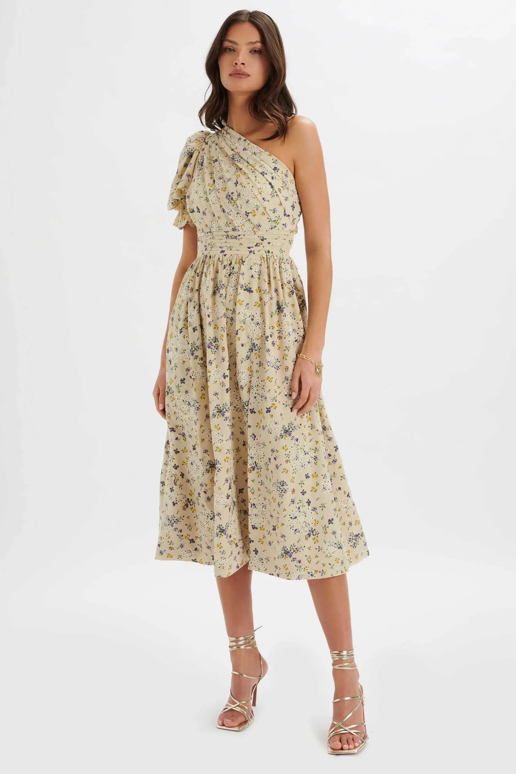 Lavish Alice Dresses<Polly One Shoulder Puff Sleeve Midi Dress In Floral Broidery