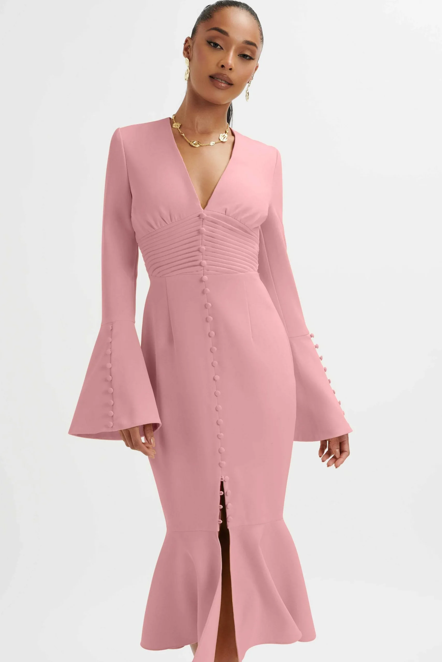 Lavish Alice Dresses<**Pre-Order** Salma Fluted Sleeve Longline Fishtail Midi Dress In Pink