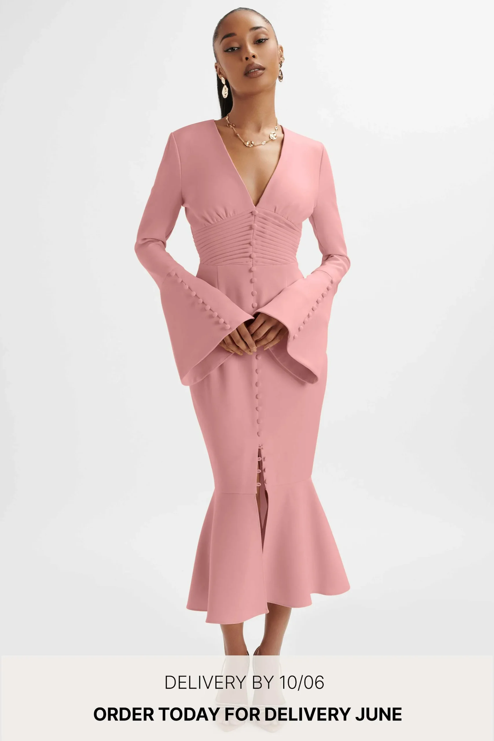 Lavish Alice Dresses<**Pre-Order** Salma Fluted Sleeve Longline Fishtail Midi Dress In Pink
