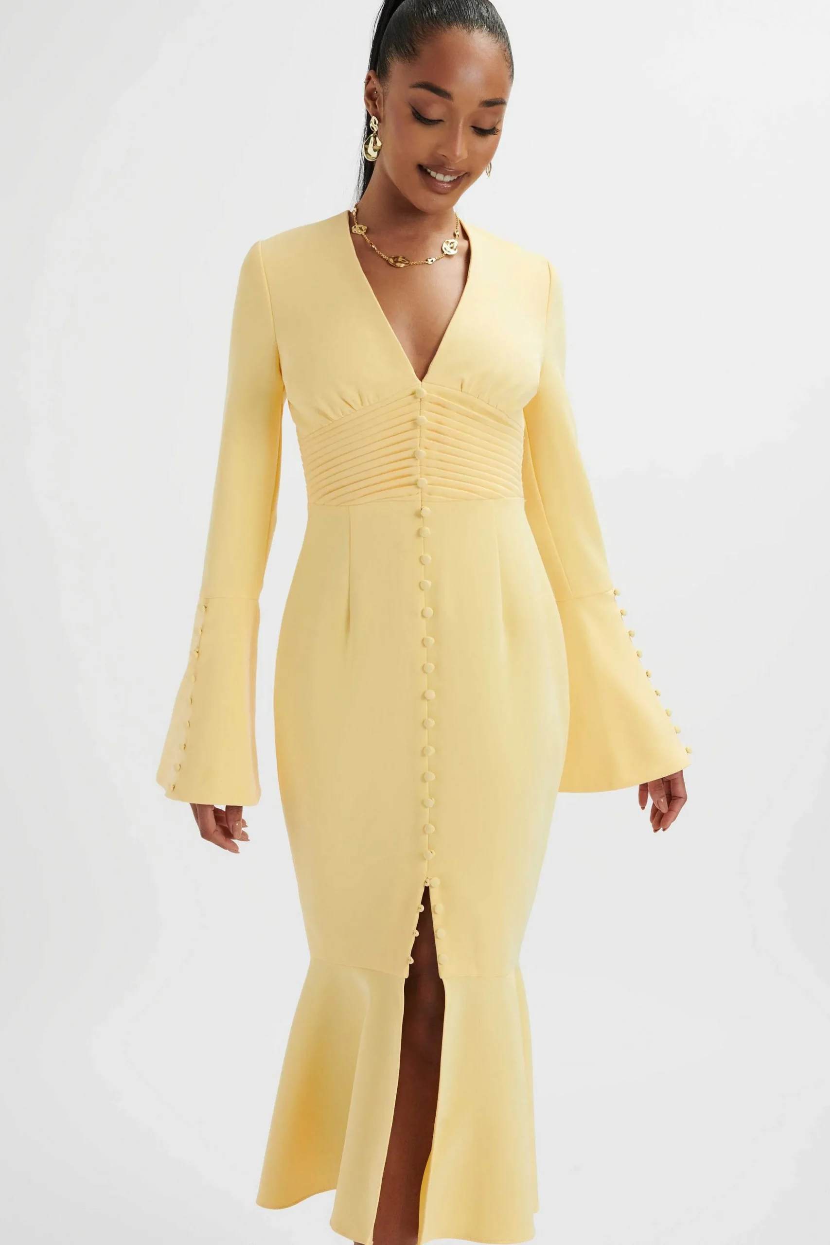 Lavish Alice Dresses<**Pre-Order** Salma Fluted Sleeve Longline Fishtail Midi Dress In Yellow