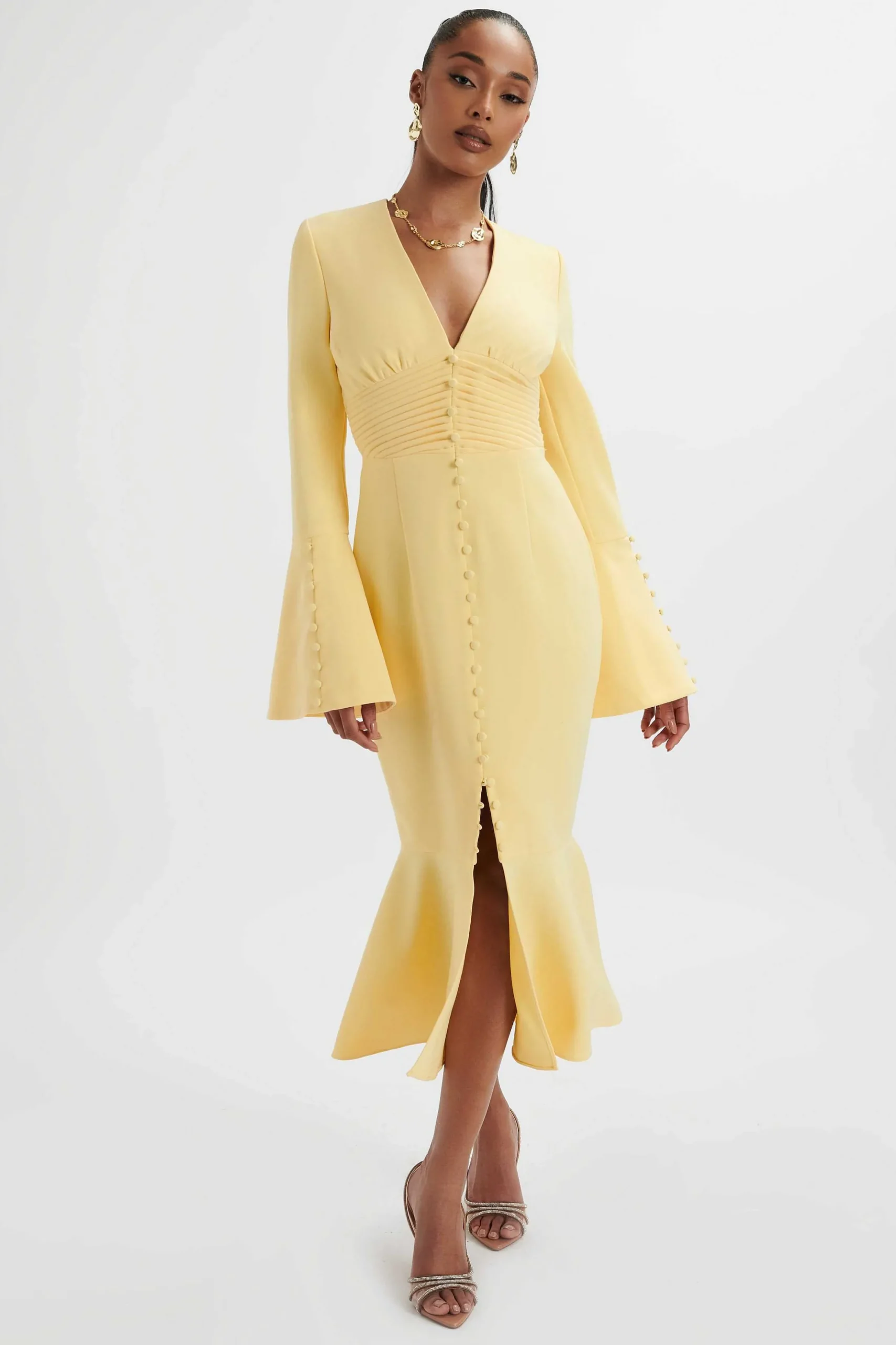 Lavish Alice Dresses<**Pre-Order** Salma Fluted Sleeve Longline Fishtail Midi Dress In Yellow