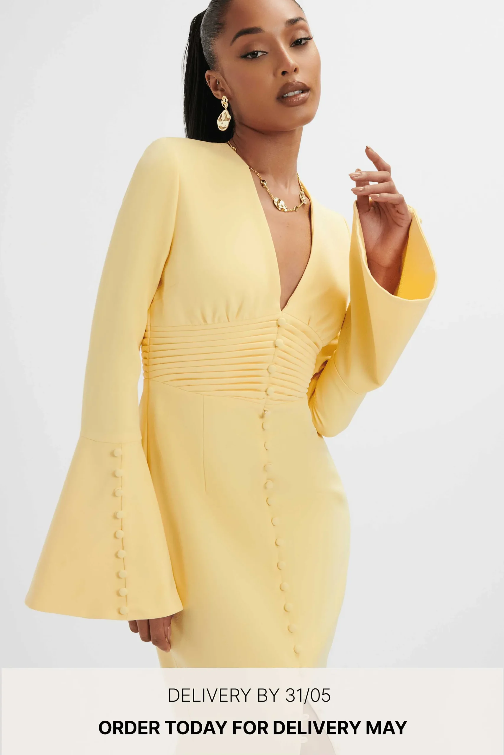 Lavish Alice Dresses<**Pre-Order** Salma Fluted Sleeve Longline Fishtail Midi Dress In Yellow