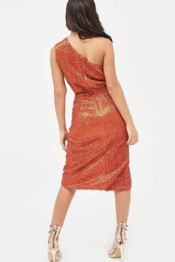 Lavish Alice Dresses<Quinn Pleated Sequin One Shoulder Cut Out Ruched Side Midi Dress In Orange