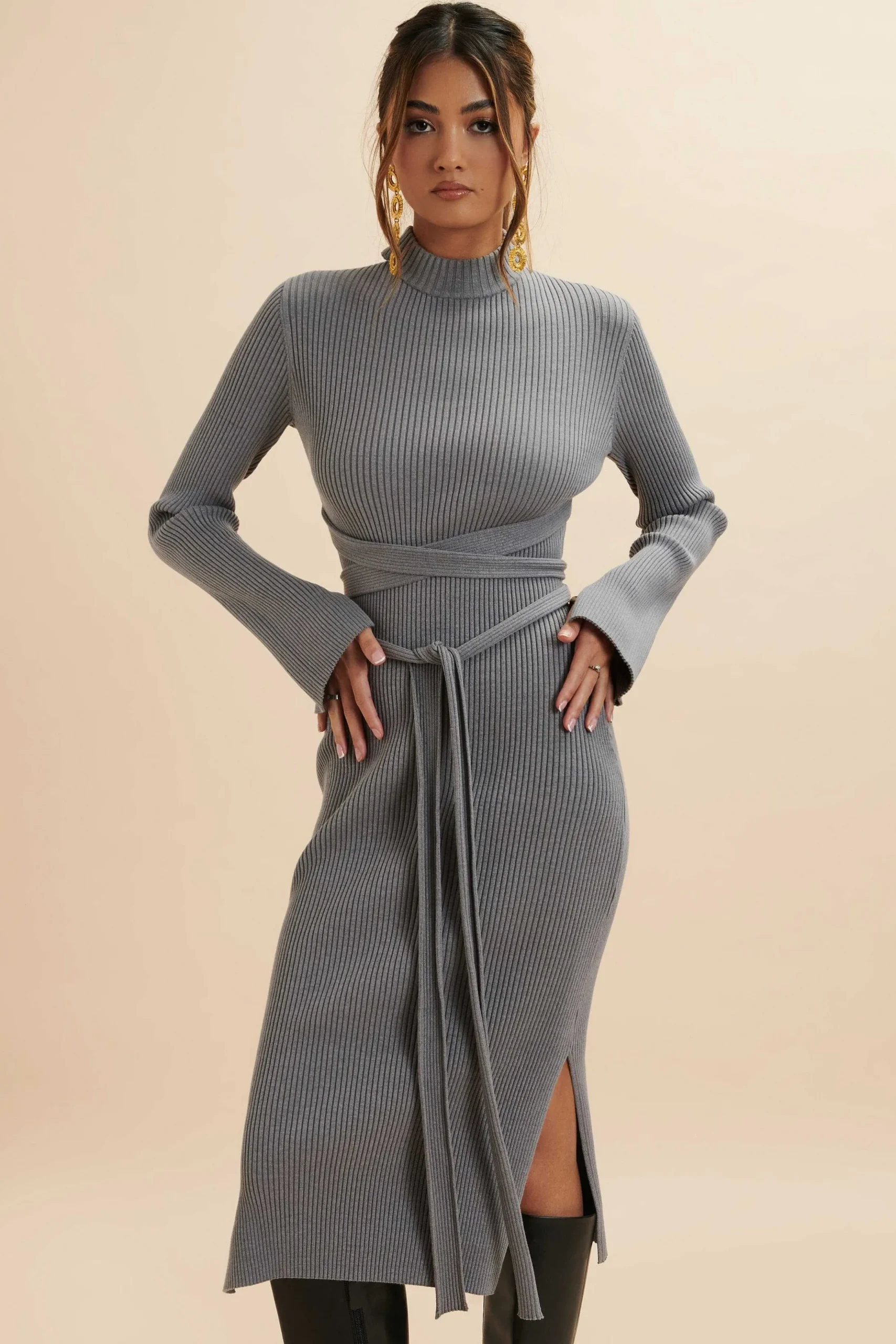 Lavish Alice Dresses<Romi Knitted Ribbed Open Back Sleeved Midi Dress In Grey