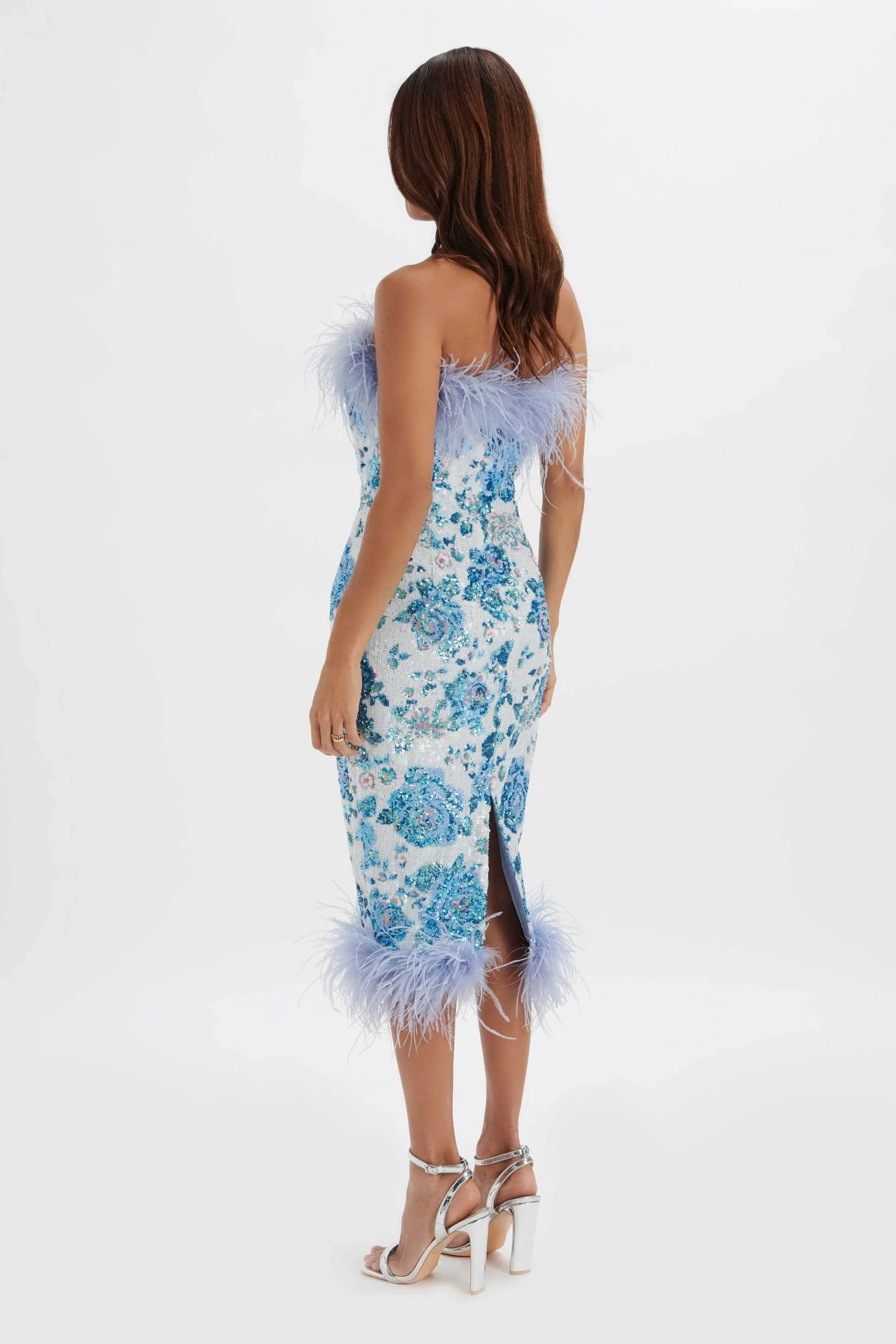 Lavish Alice Dresses<Sami Feather Bandeau Midi Dress In White And Blue Rose Sequin