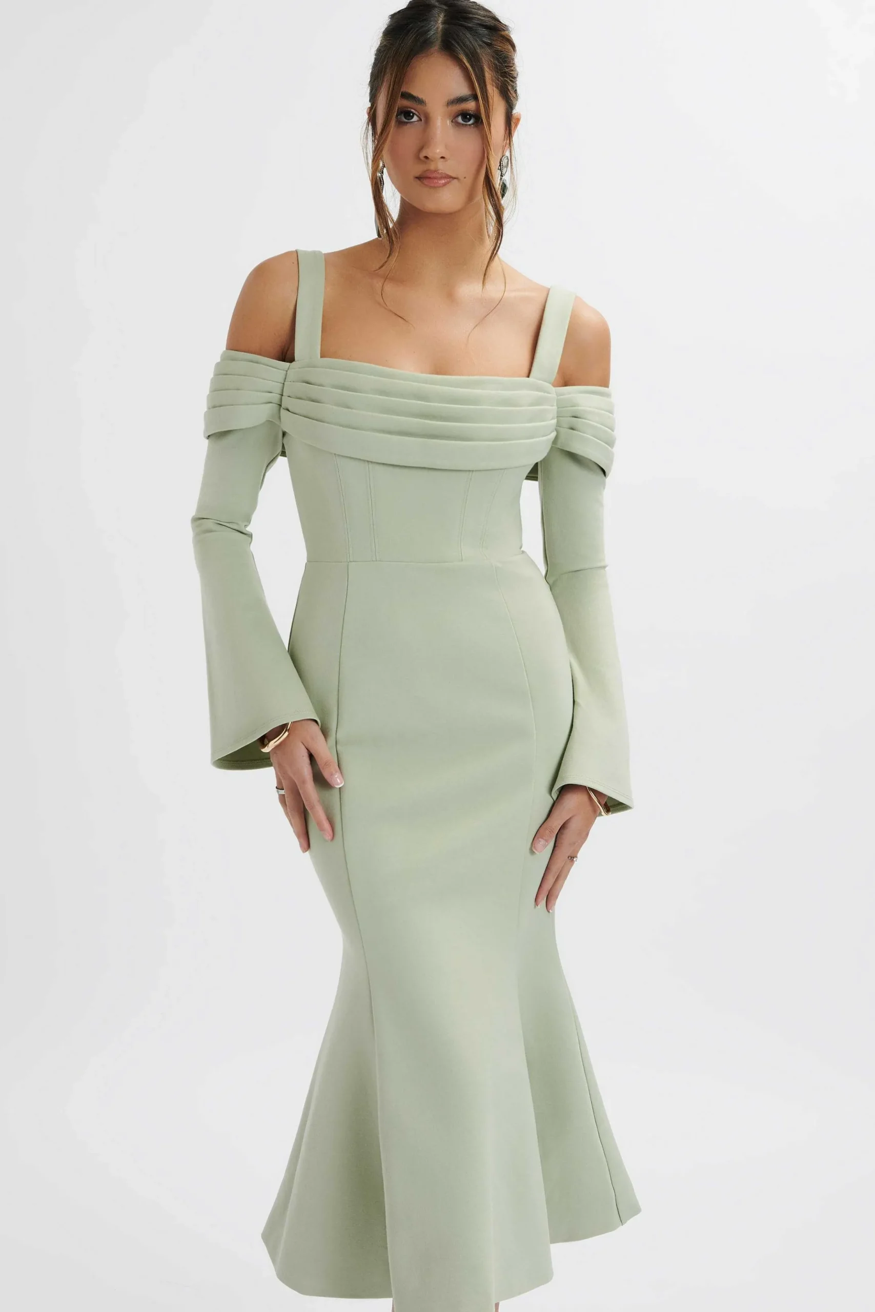 Lavish Alice Dresses<Sia Ponte Pleated Cowl Longline Midi Dress In Sage Green
