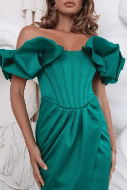 Lavish Alice Dresses<Simone Puff Sleeve Bardot Satin Midi Dress In Emerald Green
