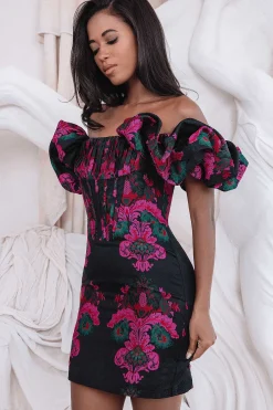 Lavish Alice Dresses<Stacia Jacquard Puff Sleeve Mini Dress In Black & Purple