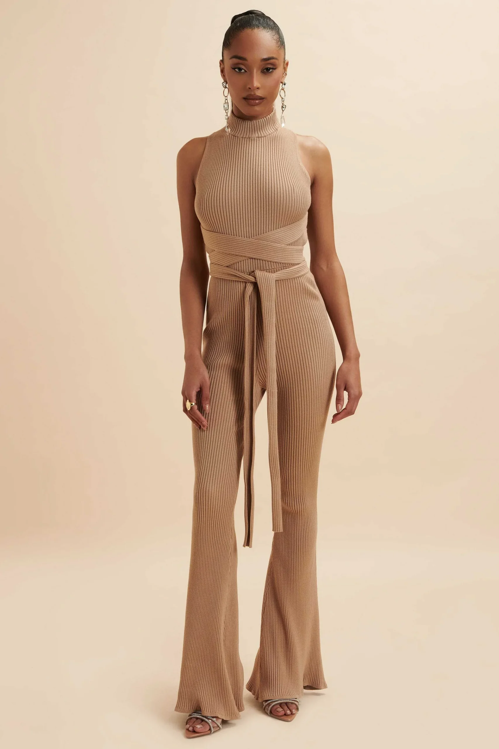 Lavish Alice Jumpsuits & Playsuits<Tamara Knitted Ribbed Open Back Jumpsuit In Camel